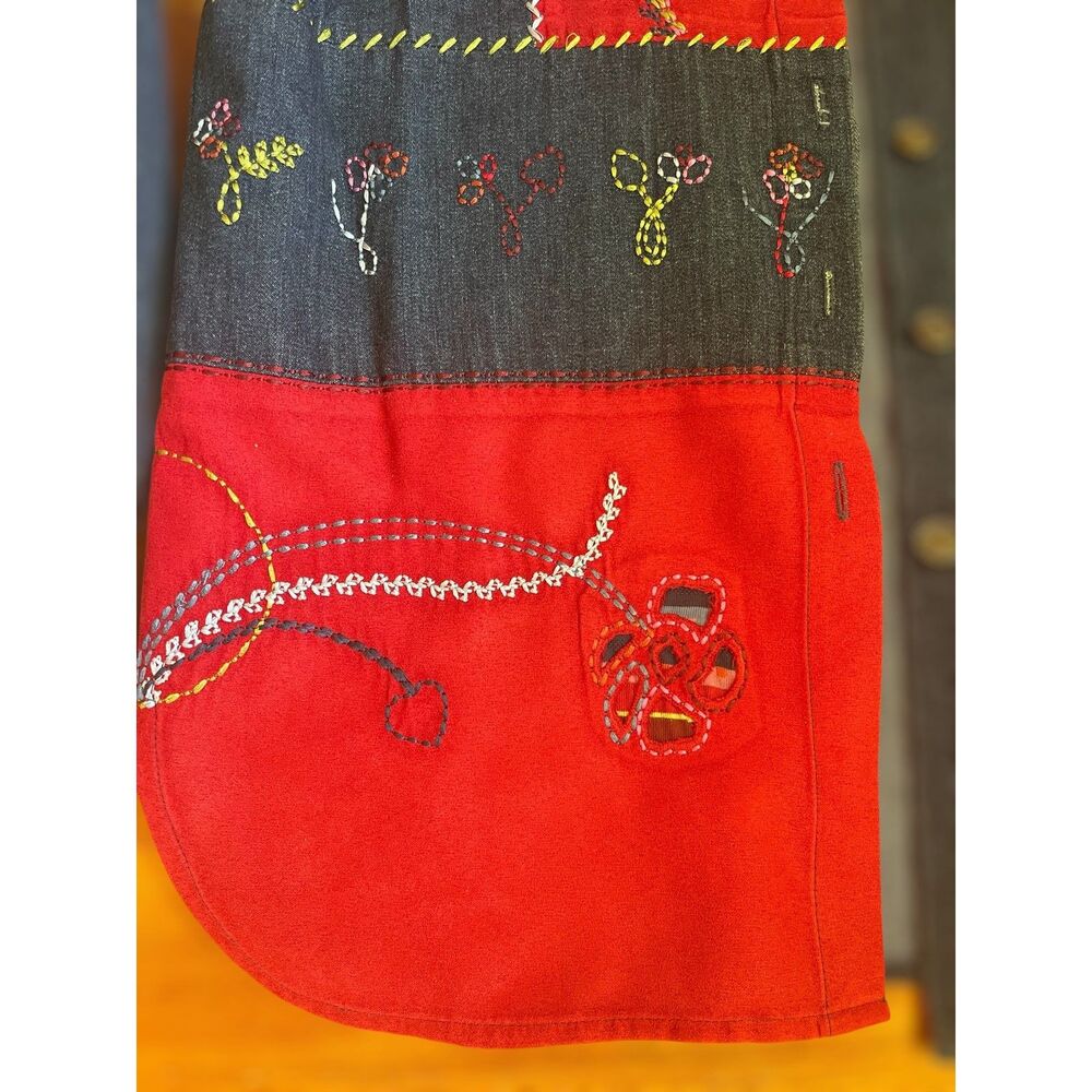 Patchwork Embroidered Denim Shirt Boho Folk Art Button Up Artsy Top Sz S Petite - Picture 12 of 15